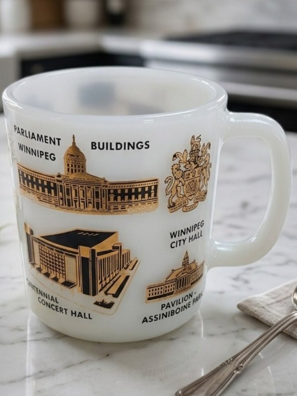 Vintage Glasbake Winnipeg Landmark Souvenir Mug - White Milk Glass Coffee Cup